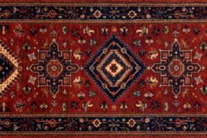 Karajeh runner 2' 1" by 8' 0" rug with geometric pattern from India - red & navy blue