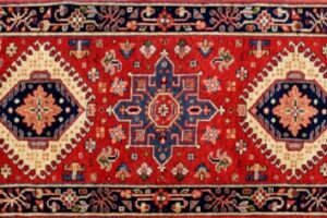 Karajeh runner 2' 1" by 5' 11" rug with geometric pattern from India - red & navy blue