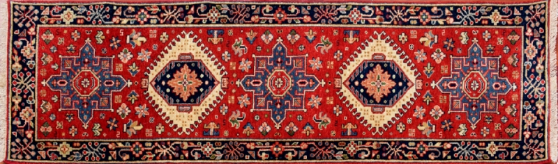 66219 Karajeh runner 2' 1" by 5' 11" rug with geometric pattern from India - red & navy blue