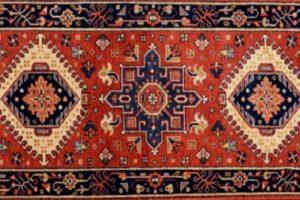 Karajeh runner 2' 0" by 5' 11" rug with geometric pattern from India - rust & navy blue