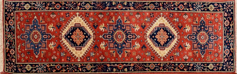 66447 Karajeh runner 2' 0" by 5' 11" rug with geometric pattern from India - rust & navy blue