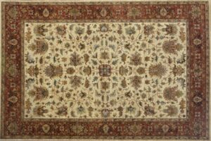 Heriz rectangular 9' 11" by 13' 9" rug with all-over pattern from India - ivory & rust