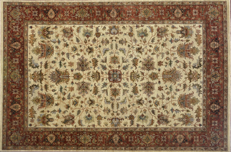 80126 Heriz rectangular 9' 11" by 13' 9" rug with all-over pattern from India - ivory & rust
