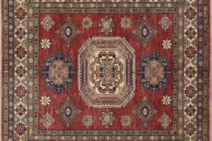 Kazak square 5' 0" by 5' 0" rug with geometric pattern from Afghanistan - red & Ivory