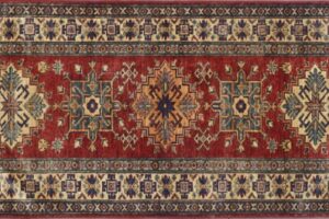 Kazak runner 2' 8" by 8' 1" rug with geometric pattern from Pakistan - Red & Ivory
