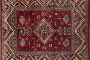 Kazak square 6' 3" by 6' 3" rug with geometric pattern from Afghanistan - red & multi-color