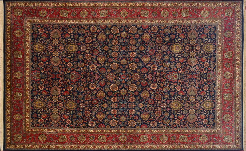 81889 Tabriz rectangular 10' 0" by 14' 0" rug with all-over pattern from India - Navy Blue & Rust