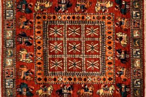 Pazyryk square 3' 10" by 4' 0" rug with geometric pattern from Afghanistan - red & navy blue