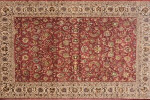 Nain rectangular 9' 10" by 13' 9" rug with all-over pattern from India - Raspberry & Taupe