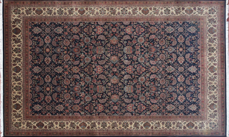 82355 Kashmar rectangular 10' 0" by 13' 11" rug with all-over pattern from India - Navy Blue & Ivory