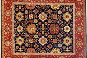 Mahal square 8' 0" by 8' 0" rug with all-over pattern from India - Navy blue & Rust