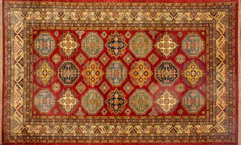 82535 Kazak rectangular 8' 7" by 12' 1" rug with geometric pattern from Pakistan - Red & Ivory