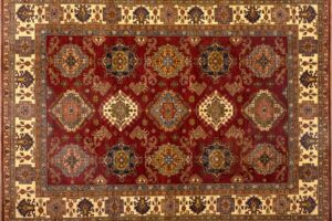 Kazak rectangular 8' 3" by 9' 11" rug with all-over pattern from Pakistan - Red & Ivory