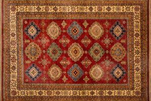Gabbeh rectangular 8' 2" by 9' 9" rug with geometric pattern from Afghanistan