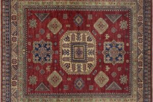 Kazak square 6' 0" by 6' 0" rug with geometric pattern from Pakistan - Red & Ivory - SKU 14879