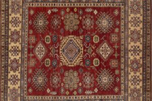 Caucasian square 6' 0" by 6' 1" rug with geometric pattern from Afghanistan