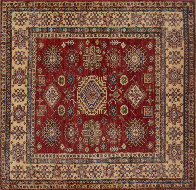 82598 Caucasian square 6' 0" by 6' 1" rug with geometric pattern from Afghanistan