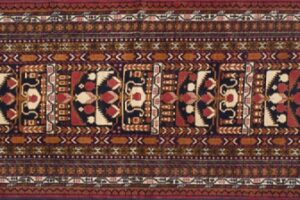 Balouch runner 3' 0" by 9' 9" rug with geometric pattern from Pakistan - Light Blue & Rust