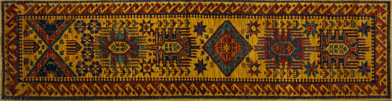 82815 Kazak runner 2' 6" by 9' 8" rug with geometric pattern from Afghanistan - mustard & rust