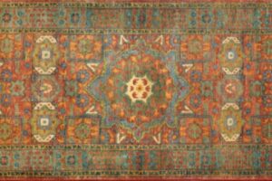 Mamluk runner 2' 7" by 8' 1" rug with geometric pattern from India - Rust & Green