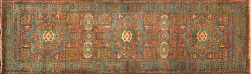 83483 Mamluk runner 2' 7" by 8' 1" rug with geometric pattern from India - Rust & Green