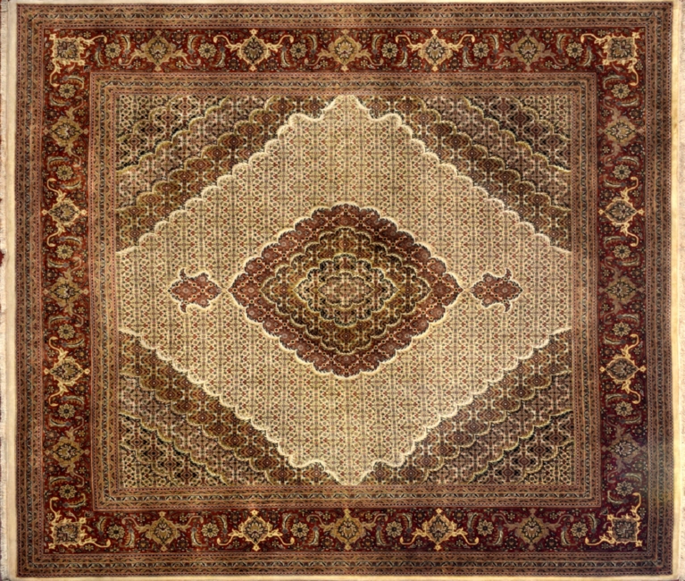 84197 Tabriz square 8' 3" by 8' 5" rug with medallion pattern from India - Beige & Rust