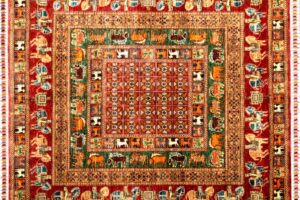 Pazyryk square 6' 0 " by 6' 0" rug with geometric pattern from Afghanistan - red & green - SKU# 16736
